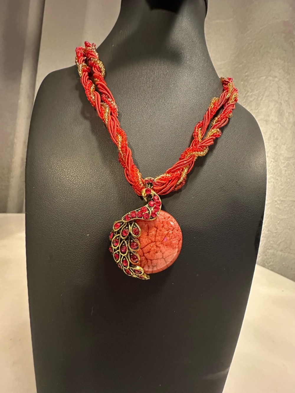 Bohemian-style Red Beaded Braided Necklace w Glass Peacock Pendant & Crystals